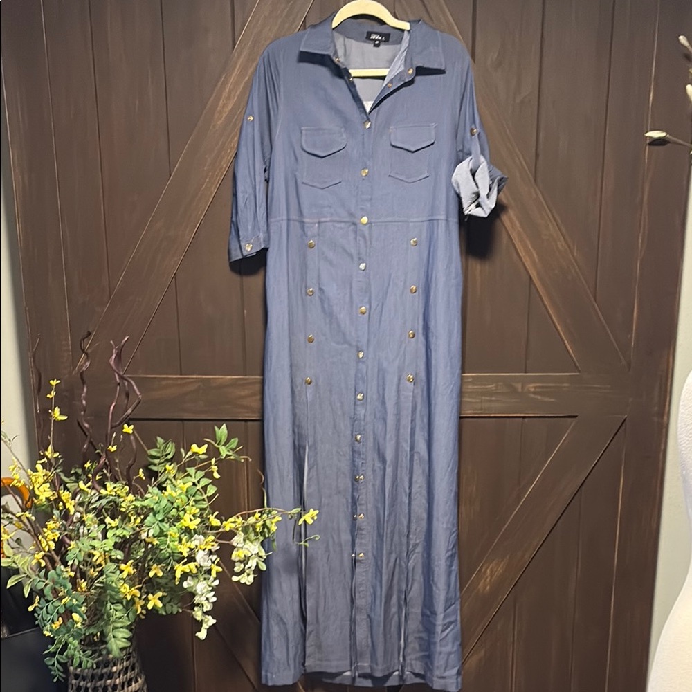 Blue Button-Down Maxi Dress With Pockets